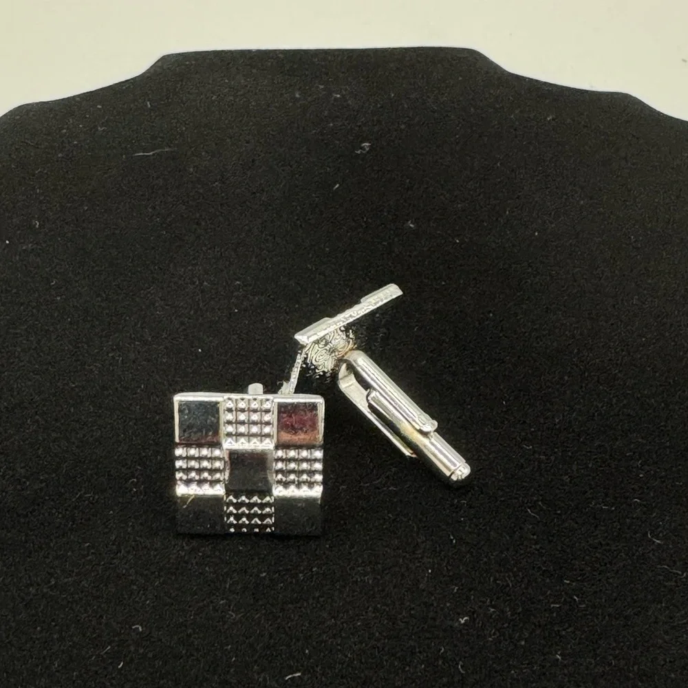 Silver Tone Checkerboard Square Cufflinks – Classic Bullet Back